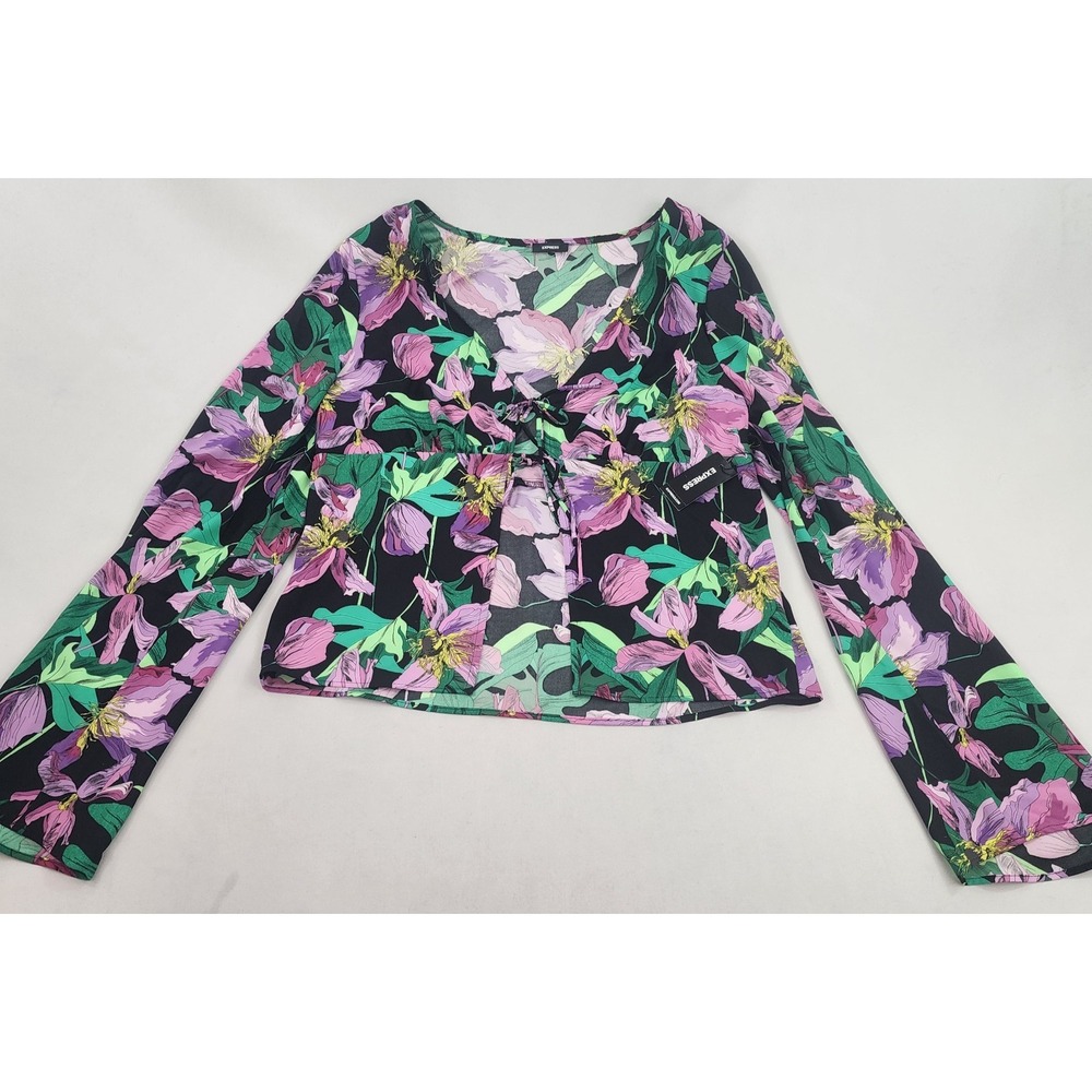 Express blouse top womens S Small black pink green polyester floral stretch
